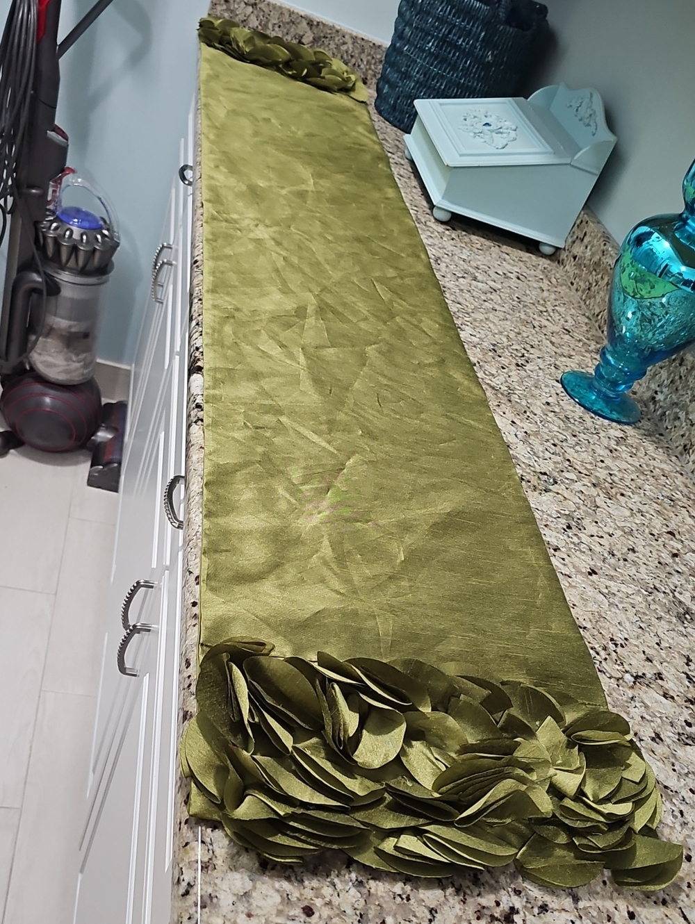 Olive Green Decorative Table Runner with Rosette Trim - Unbranded 72"Lx13"H New